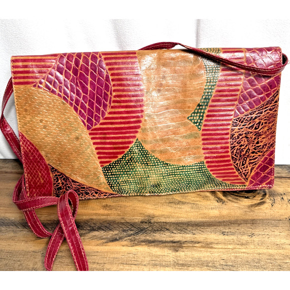 Vintage Handbags - Vintage Leather Patchwork Clutch Envelope Purse Made In India 1980s 1970s Boho
